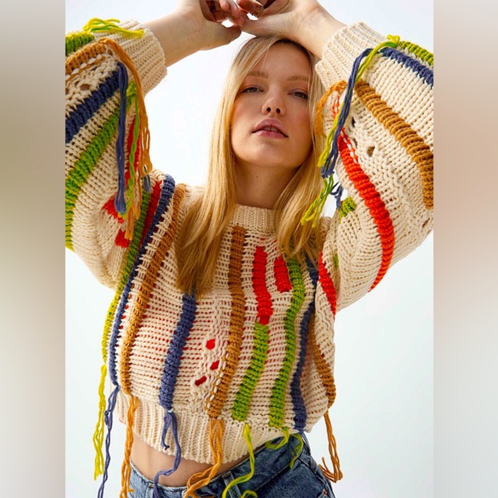 Colourful oversized stripe sweater with fringe